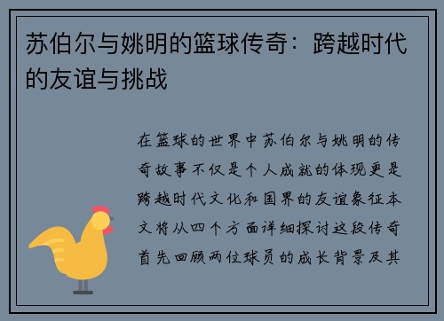 苏伯尔与姚明的篮球传奇：跨越时代的友谊与挑战