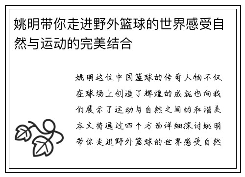 姚明带你走进野外篮球的世界感受自然与运动的完美结合